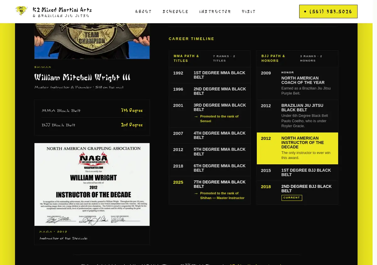 K2 instructor section with MMA and BJJ rank timelines beside the NAGA Instructor of the Decade certificate