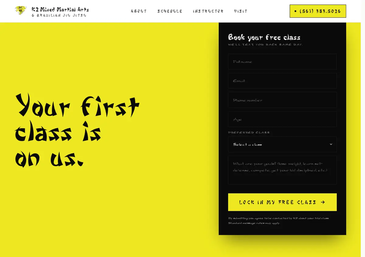 K2 free class request form asking for name, email, phone, age, preferred class and goals